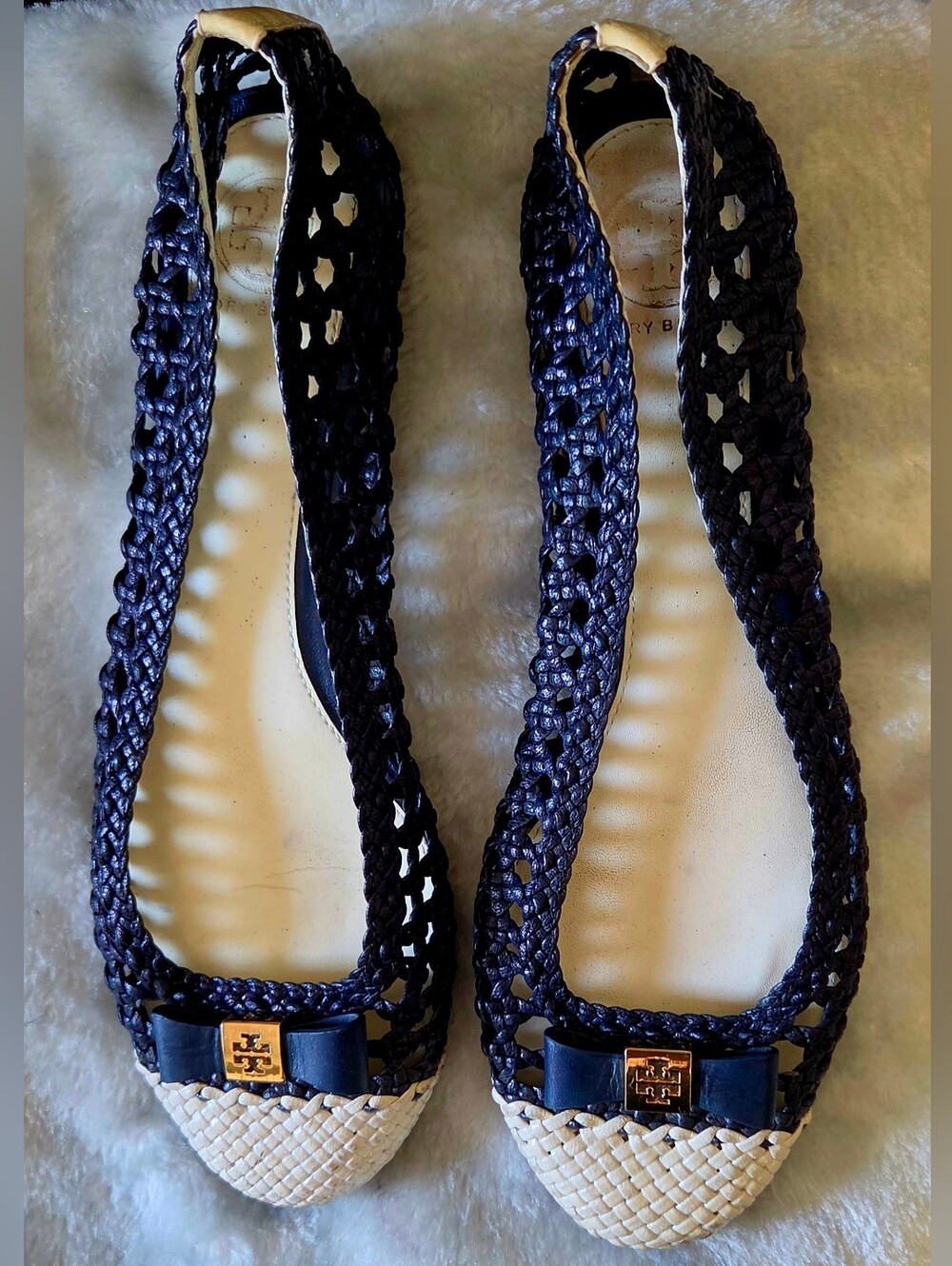 Tory Burch Navy Raffia-Trim Bow Flats
